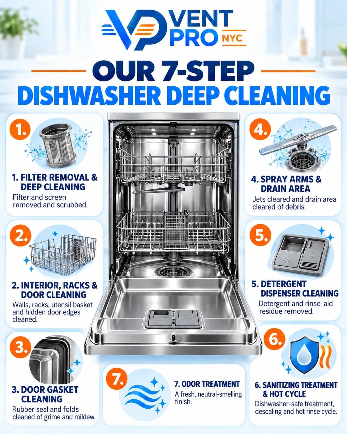 Vent Pro NYC's seven-step dishwasher deep cleaning, illustrated — the same seven steps listed next to this graphic