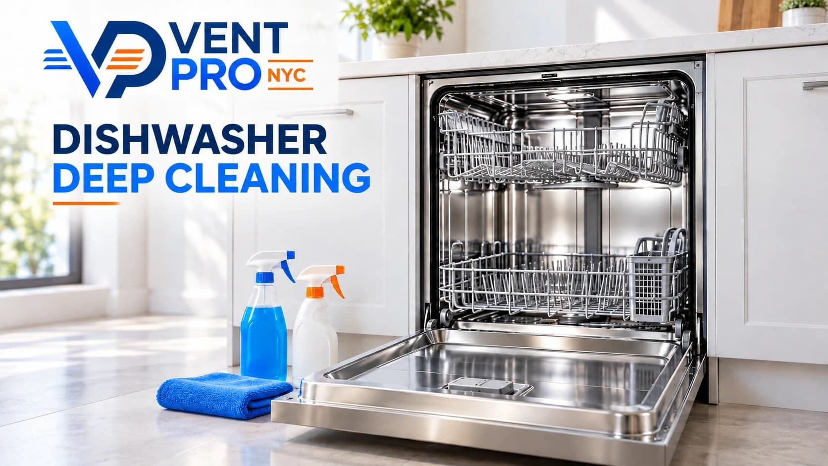 Vent Pro NYC Dishwasher Deep Cleaning — an open, empty dishwasher with clean racks, beside cleaning supplies
