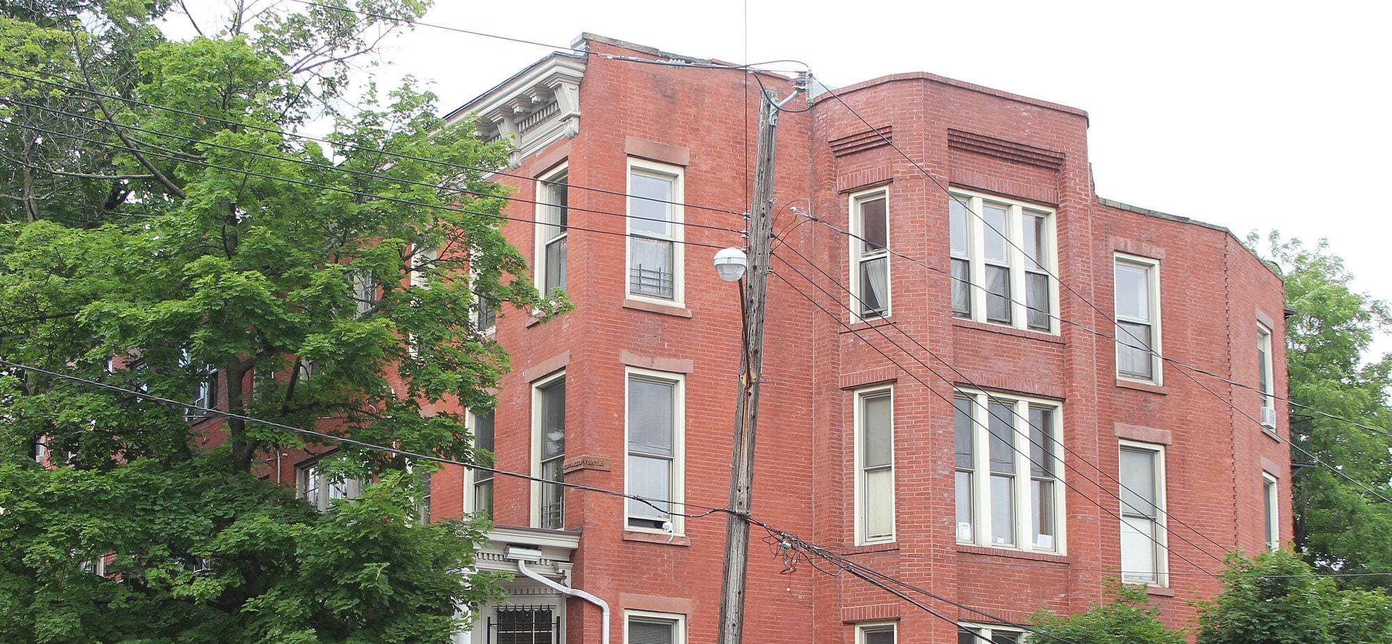 Brick row houses and a tree on a Staten Island street corner