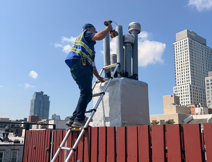 Vent Pro NYC technician on a ladder cleaning a bank of rooftop dryer vent terminations on a Brooklyn condo building