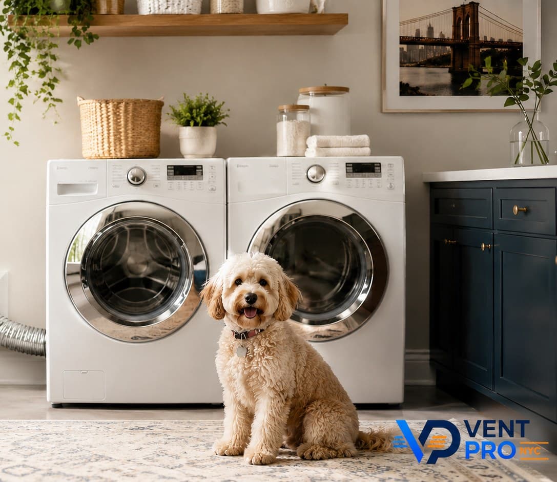 A happy dog sitting between two front-load washer-dryers in a tidy laundry room