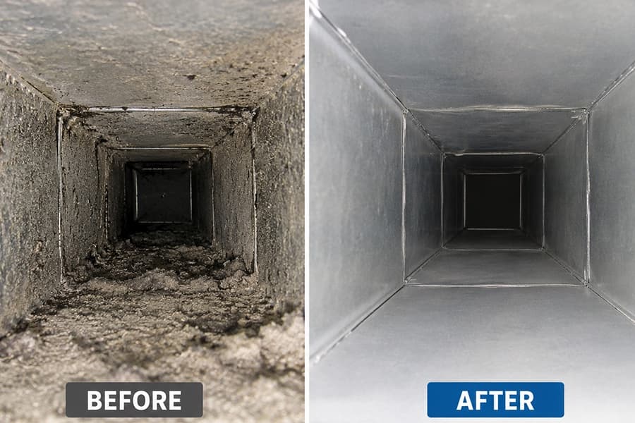 Side-by-side of an AC duct before and after cleaning by Vent Pro NYC — heavy dust and debris on the left, bright clean metal on the right