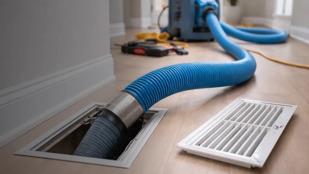 Vent Pro NYC HEPA vacuum hose cleaning a floor supply vent, the register cover lifted off to the side