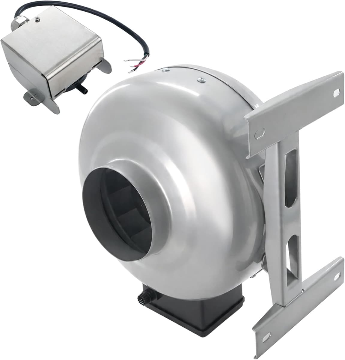 A silver centrifugal dryer booster fan with mounting feet and a standard wall plug, alongside its stainless pressure-sensing auto-start module