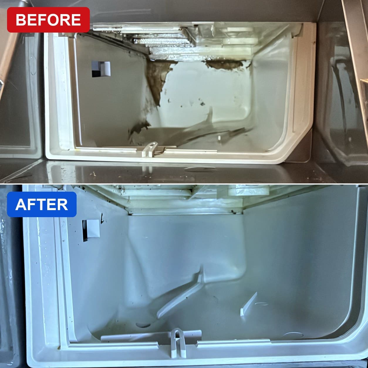 Inside a washer's detergent drawer housing before and after our deep clean — mold and caked residue before, clean after. Our own photos from a Brooklyn visit.