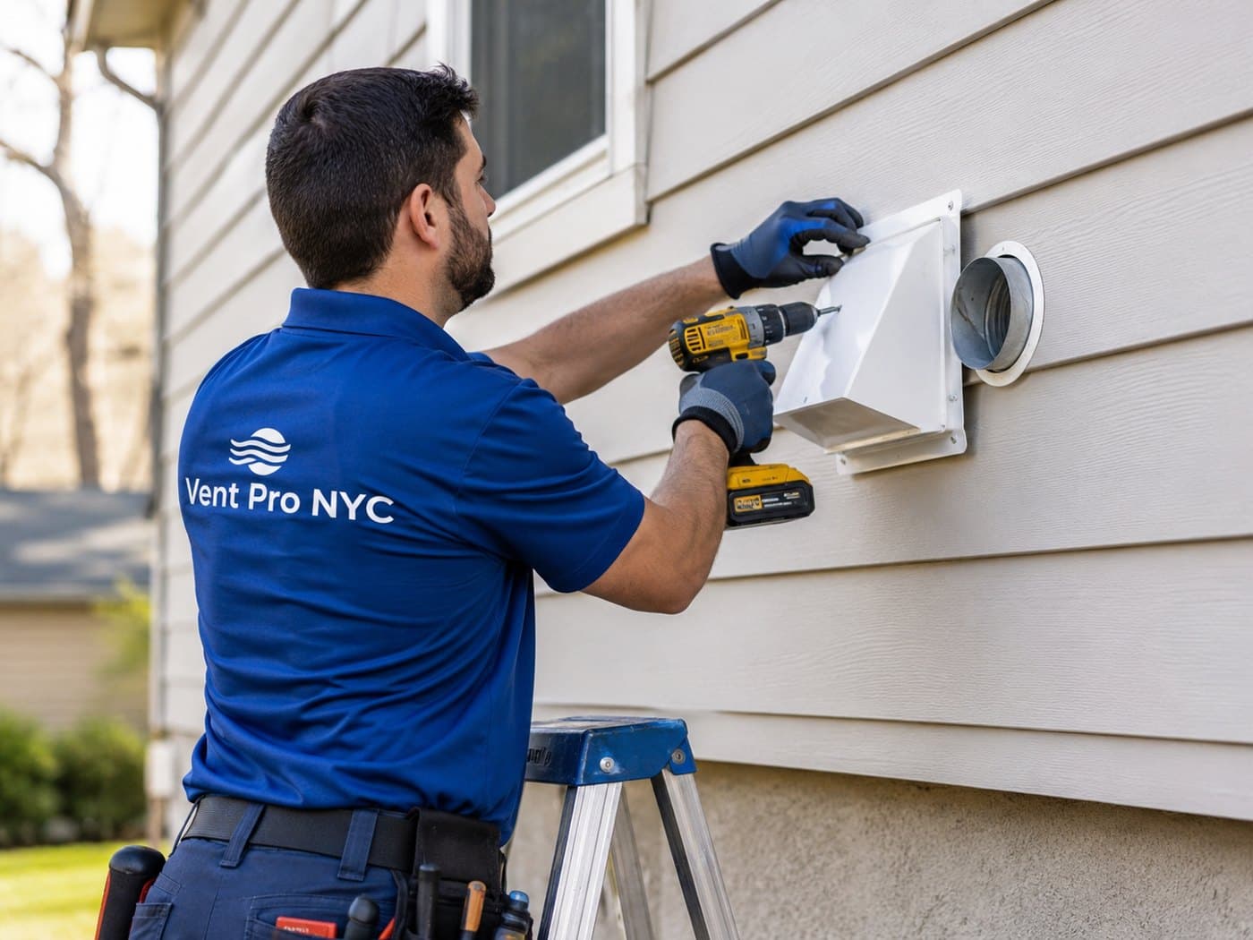 Vent Pro NYC technician installing a new exterior dryer vent cover on the outside wall of a home