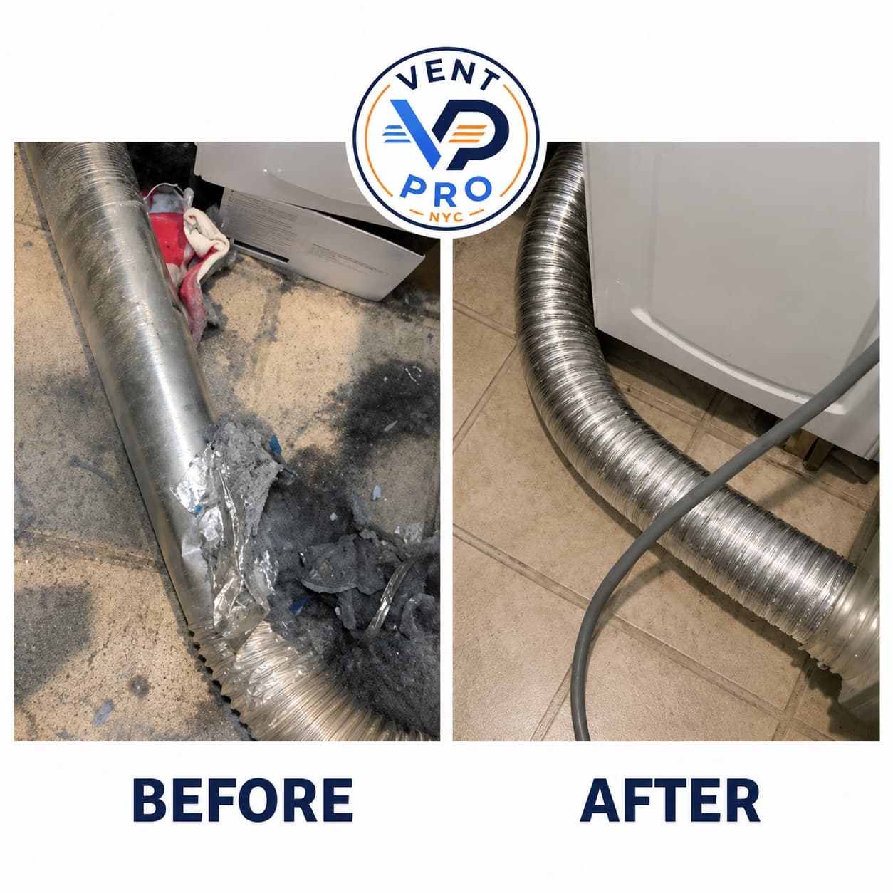 Before and after: a torn rigid dryer duct with lint on the floor replaced with a clean new flexible metal dryer hose by Vent Pro NYC