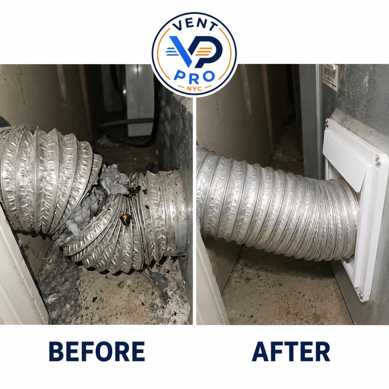 Before and after: a crushed, lint-clogged dryer hose replaced with a new flexible metal hose connected to the wall vent by Vent Pro NYC