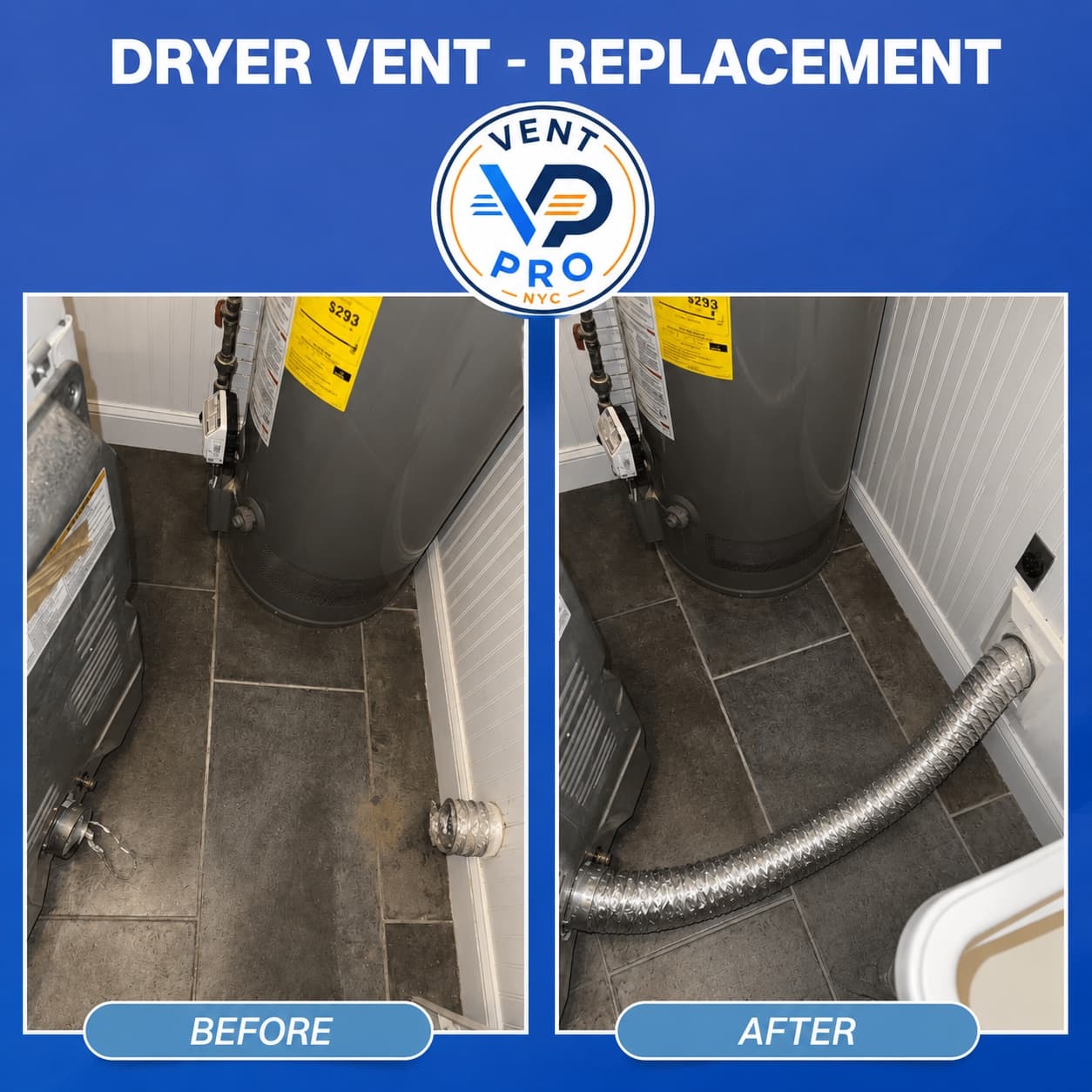 Before and after dryer vent replacement: an old disconnected duct replaced with a new flexible metal dryer hose by Vent Pro NYC