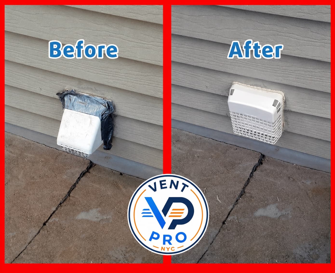 Before and after: a broken exterior dryer vent cover taped over with a trash bag replaced with a new white louvered vent cover by Vent Pro NYC
