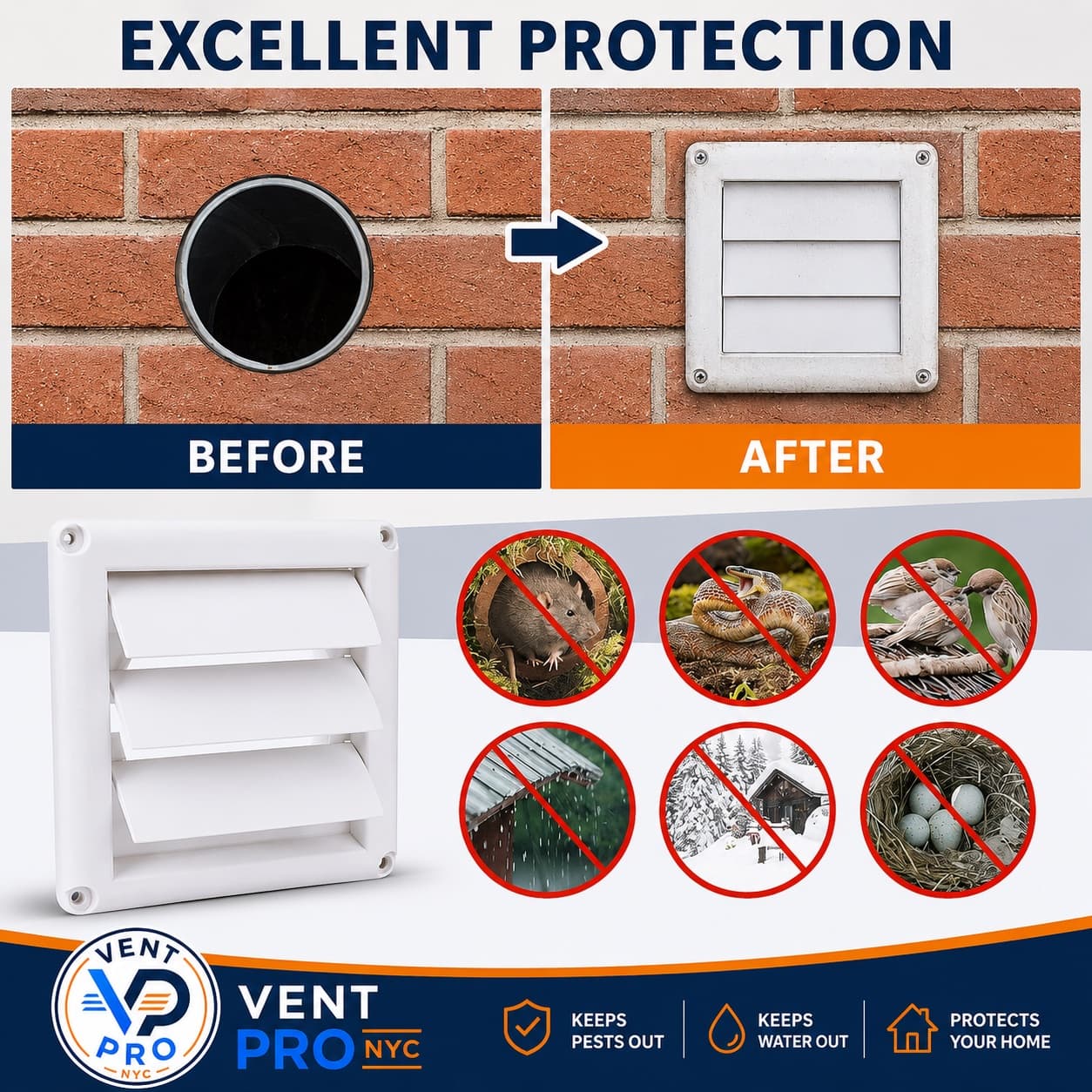 Vent Pro NYC exterior dryer vent cover keeps out rodents, snakes, birds, nests, rain, and snow
