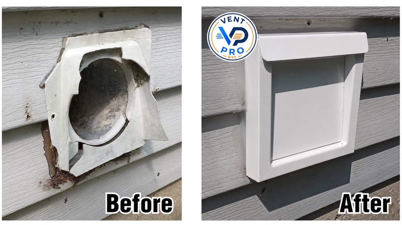 Before and after: a cracked, shattered exterior dryer vent hood replaced with a new white vent hood by Vent Pro NYC