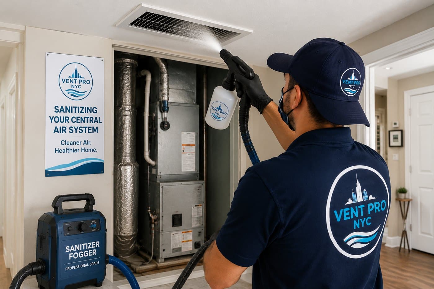 Vent Pro NYC technician fogging a central air system with a professional sanitizer fogger