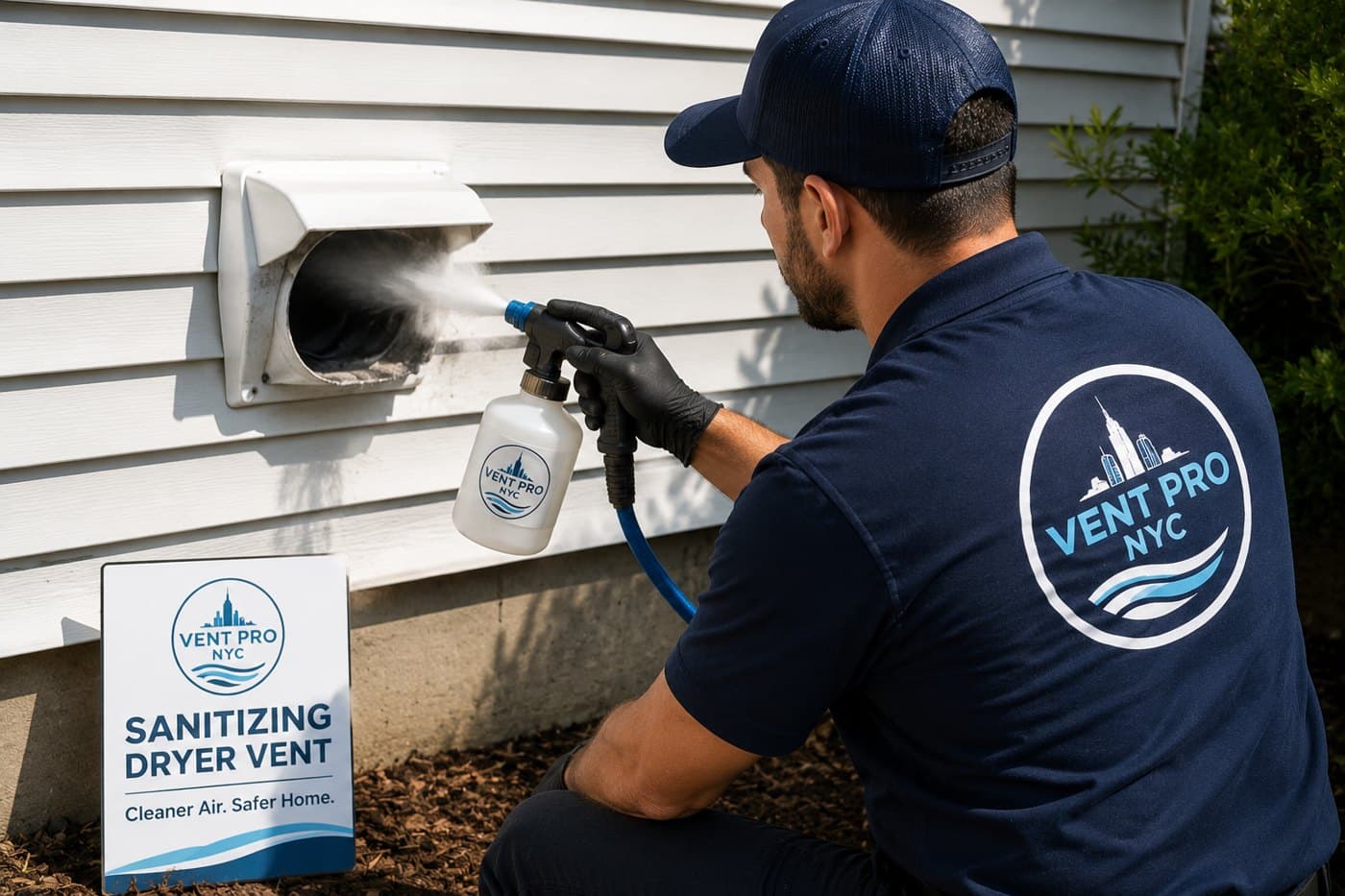 Vent Pro NYC technician spraying an antimicrobial sanitizing treatment into an exterior dryer vent