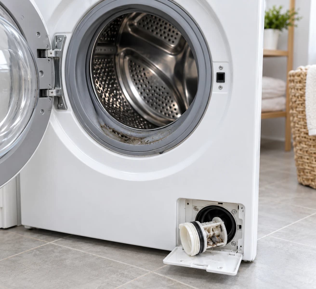 A front-load washer with the door open, showing the grey rubber door gasket around the opening, and the drain filter pulled out of its access panel at the bottom of the machine