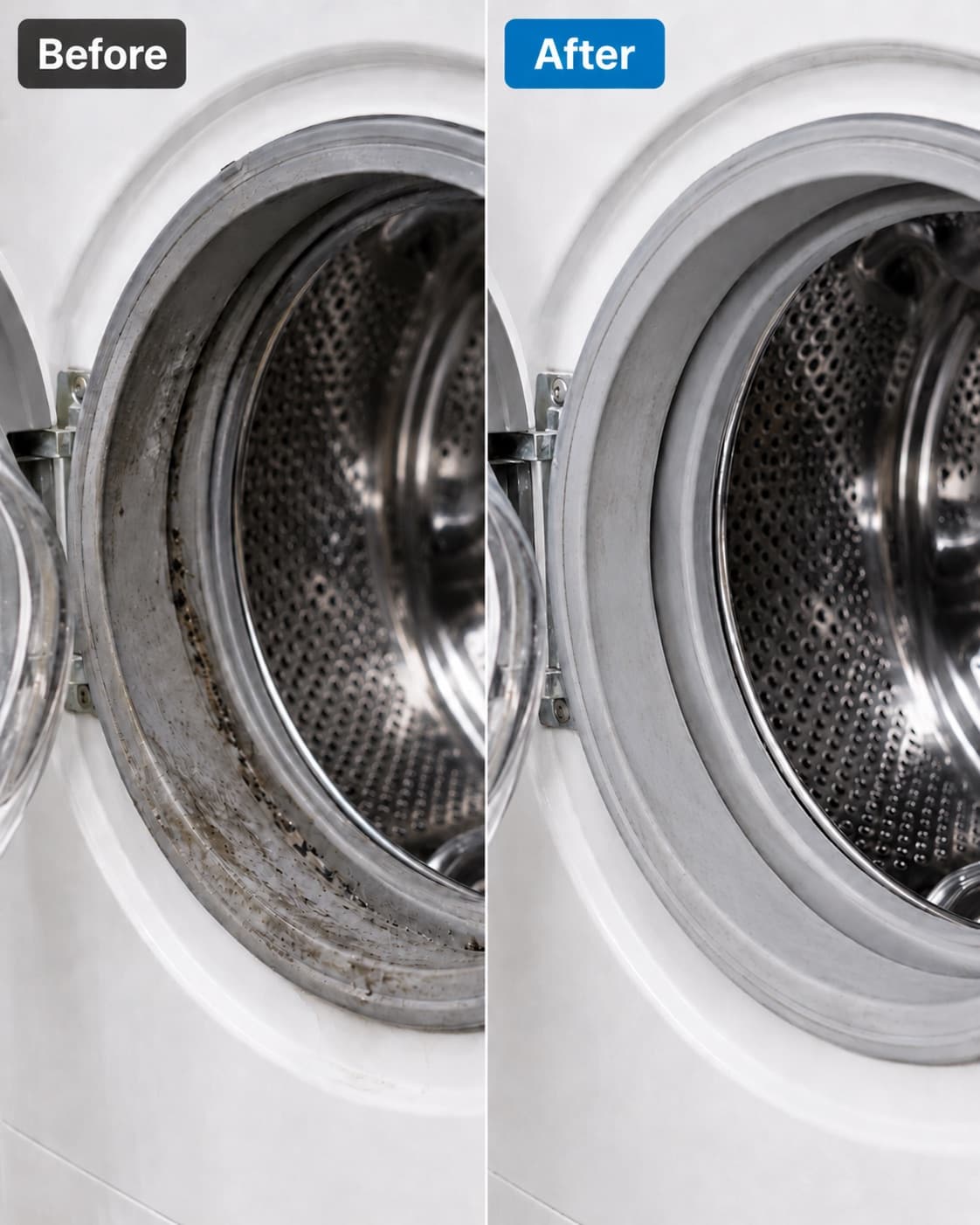 A front-load washer door gasket before and after Vent Pro NYC mold removal — mold and black staining on the left, clean grey rubber on the right