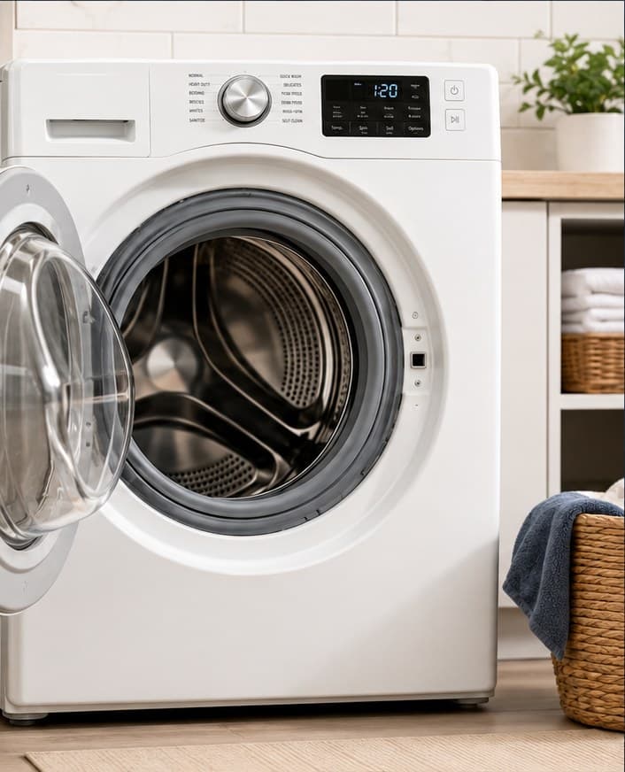 A clean open front-load washing machine in a bright laundry room