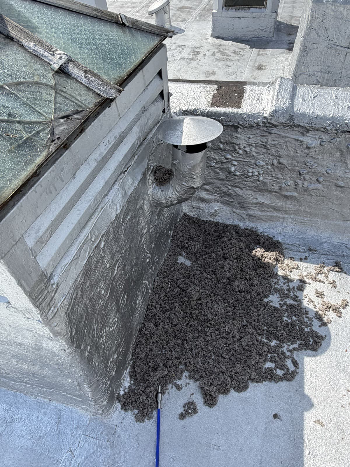 A roof dryer vent cap on a Brooklyn brownstone with a large pile of lint cleaned out of the vent line beside it