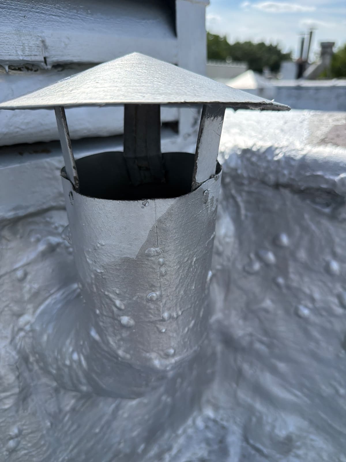 A clean roof dryer vent cap on a Brooklyn brownstone after cleaning, with rooftops and trees behind it